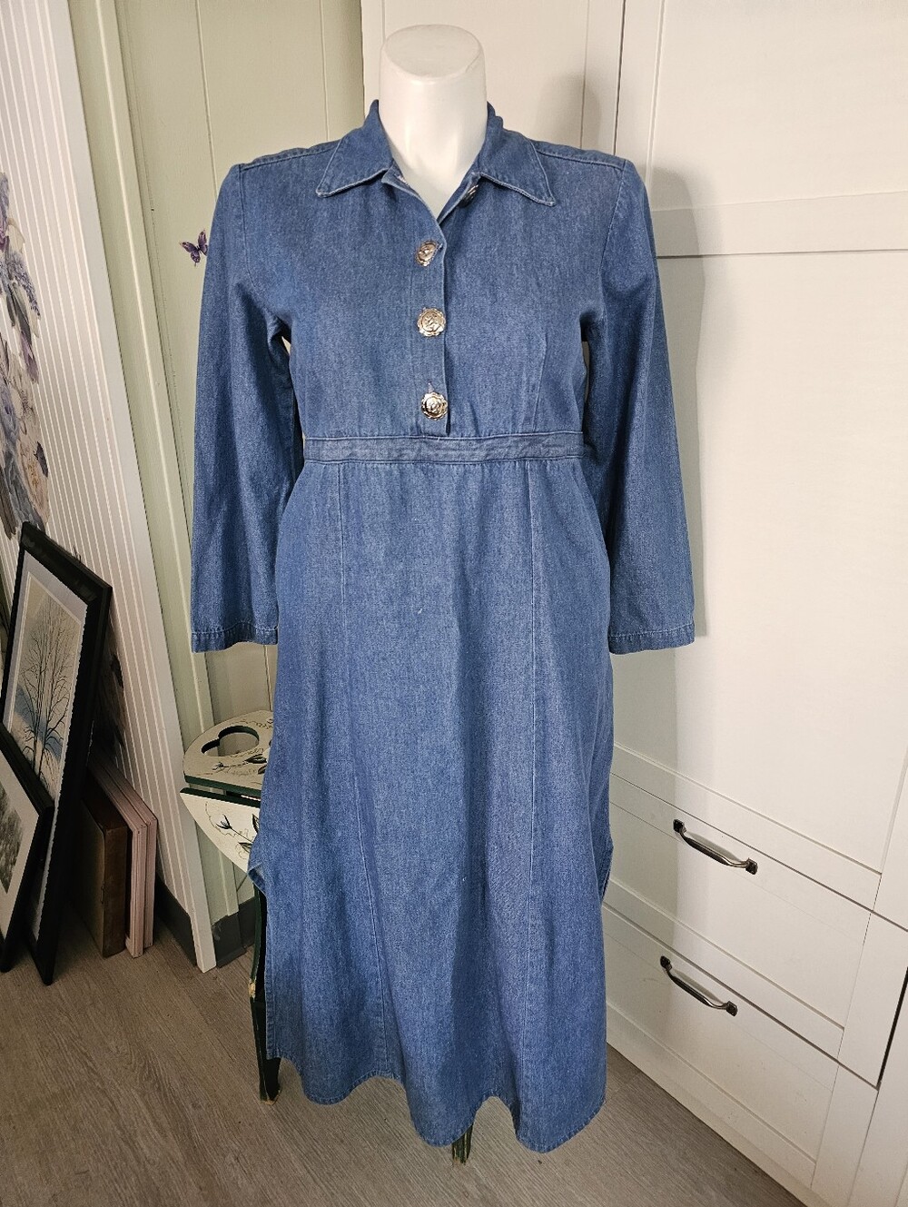 VTG Sun Belt Denim Maxi Dress Womens Medium M Button Front Empire Waist Prairie